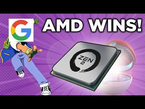 progressive Robot, purple graphic with text AMD WINS!, Google G icon, a Zen CPU chip, and a cartoon character pointing