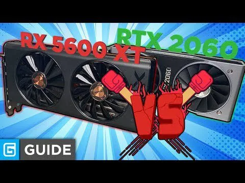progressive Robot graphic showing RX 5600 XT vs RTX 2060 with two GPUs, red VS fists, and GUIDE label
