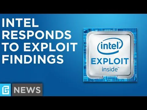 progressive Robot graphic reading "Intel responds to exploit findings" with an Intel chip icon labeled "exploit inside" and G News logo
