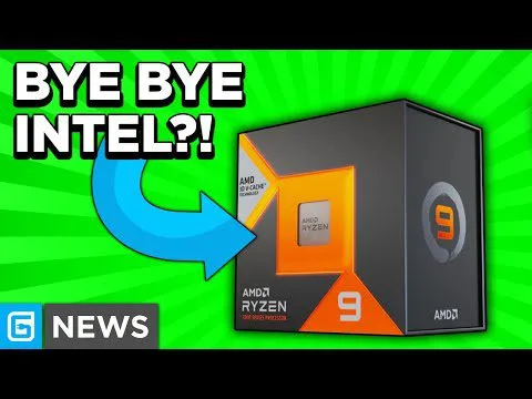 progressive Robot thumbnail with text “BYE BYE INTEL?!” and arrow pointing to an AMD Ryzen 9 processor box on green background