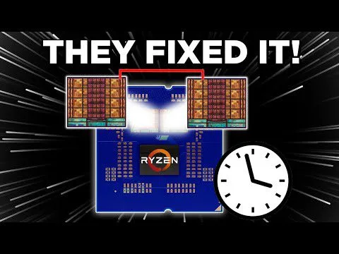 progressive Robot graphic showing a Ryzen chip with highlighted section, “THEY FIXED IT!” text, and a clock icon