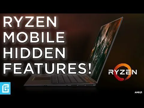 progressive Robot, Ryzen Mobile hidden features headline beside a laptop, with Ryzen logo and AMD branding