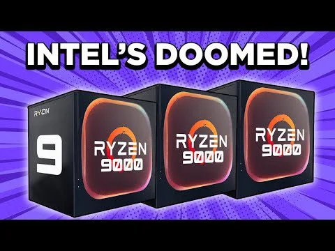 Progressive Robot, YouTube-style thumbnail with text “INTEL’S DOOMED!” above four AMD Ryzen 9000 CPU boxes on a purple burst background.