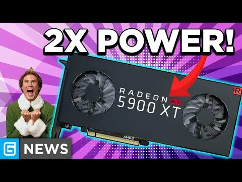 progressive Robot graphic showing Radeon RX 5900 XT GPU with “2X POWER!” text, red arrow, and “NEWS” label