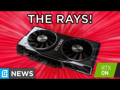 Progressive Robot graphic card headline “THE RAYS!” with RTX 2080 GPU on red burst background, G News and “RTX ON” labels