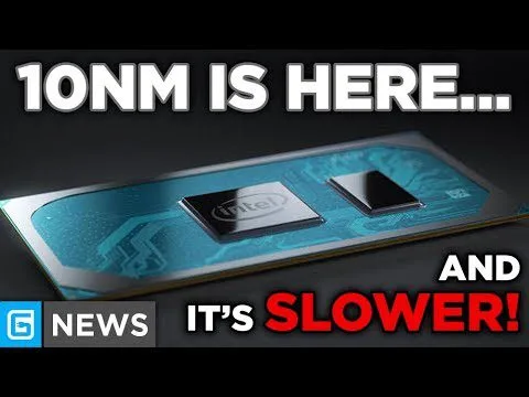 progressive Robot graphic showing a computer chip with headline text: 10NM IS HERE... AND IT'S SLOWER! plus G NEWS logo