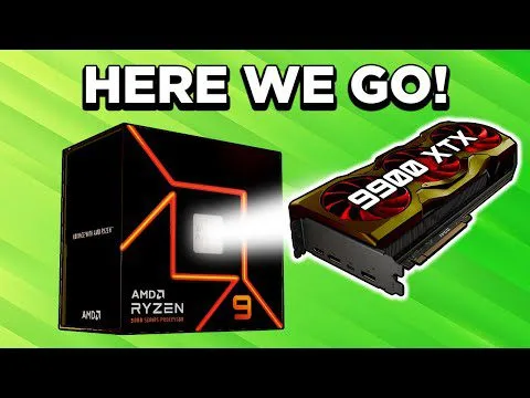 Progressive Robot with “HERE WE GO!” text above an AMD Ryzen 9 box and an RTX 4080 graphics card on a green background