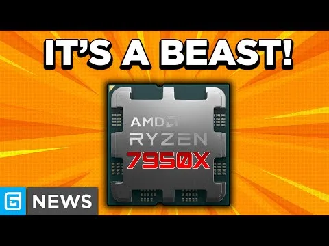 Progressive Robot thumbnail with AMD Ryzen 7950X chip and bold text “IT’S A BEAST!” on an orange background