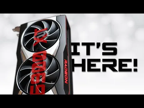 Progressive Robot graphics card with two fans and red Radeon branding, beside the text "IT'S HERE!"