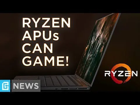 Progressive Robot graphic with laptop and headline text “RYZEN APUS CAN GAME!” plus Ryzen logo and “NEWS” badge.