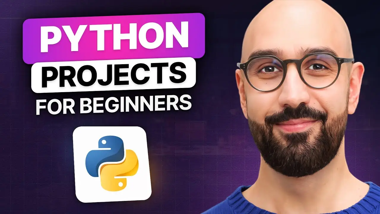 progressive Robot banner reading "PYTHON Projects for Beginners" with Python logo and a smiling bald man with glasses on the right