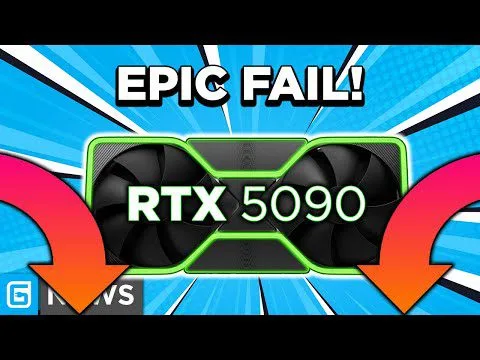 Progressive Robot graphic showing an RTX 5090 card under the headline EPIC FAIL! with two large curved arrows pointing down.