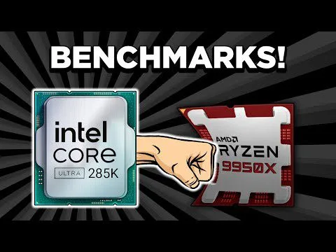 Progressive Robot: Benchmark graphic showing Intel Core Ultra 285K vs AMD Ryzen 9950X with a punching fist between chips and “BENCHMARKS!” text.
