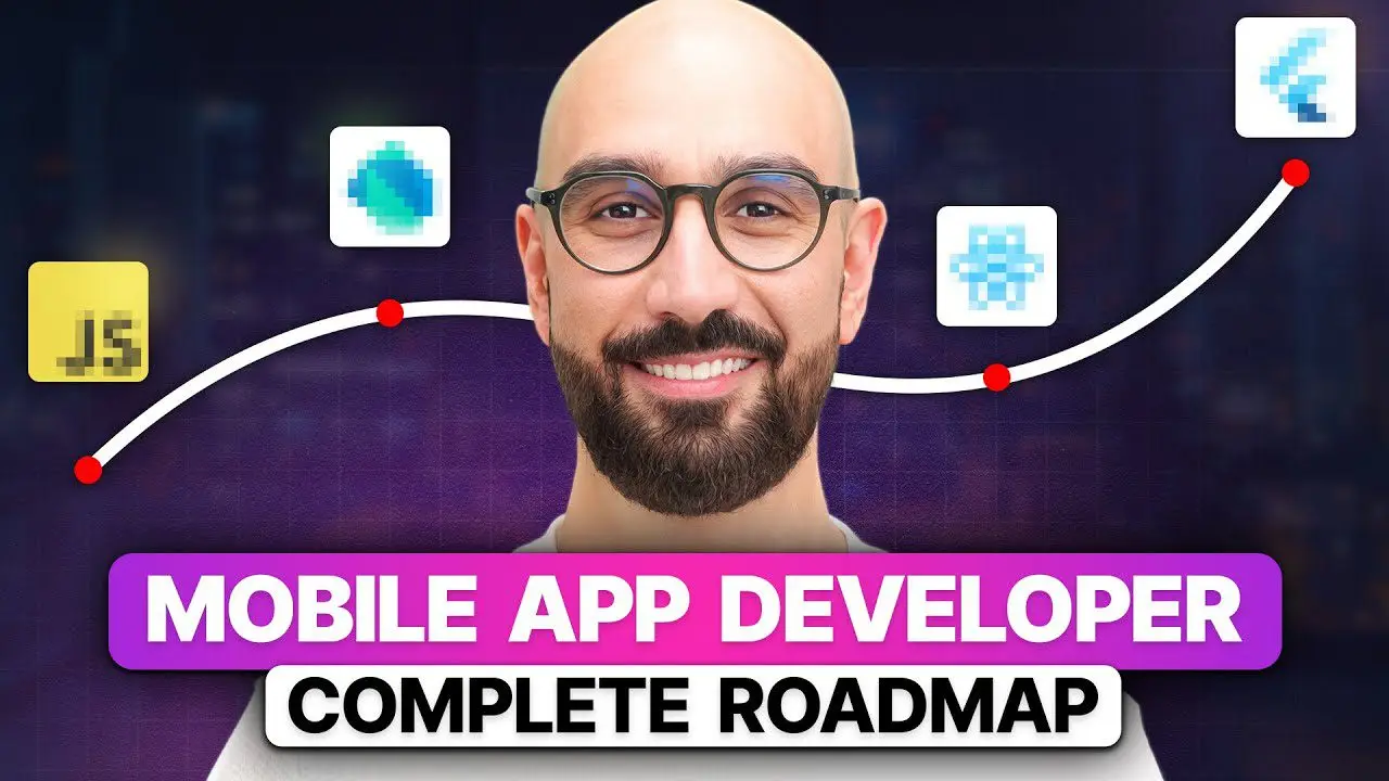 progressive Robot smiling man with glasses above text "Mobile App Developer Complete Roadmap" and a rising path with tech icons
