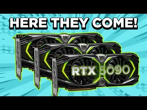 Progressive Robot graphic with three stacked RTX 5090 graphics cards and the text HERE THEY COME!