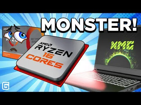 progressive Robot, thumbnail with "MONSTER!" above an AMD Ryzen 16-core CPU graphic and a laptop with green code on screen
