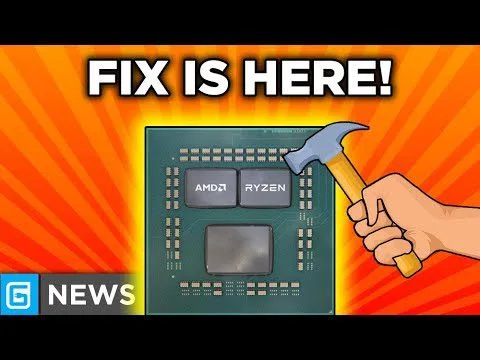 Progressive Robot graphic with “FIX IS HERE!” above an AMD Ryzen chip and a hand holding a hammer, plus “G NEWS” logo.