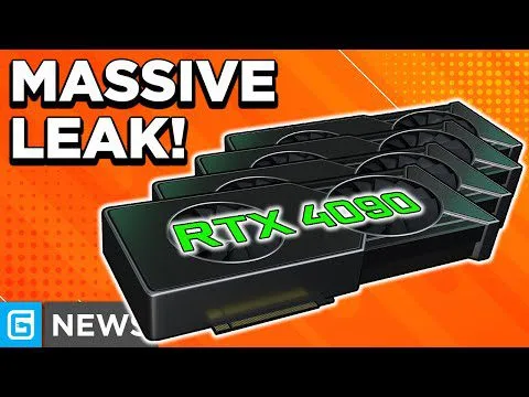 Progressive robot in front of stacked RTX 4090 graphics cards with text "MASSIVE LEAK!" and "NEWS" on orange background