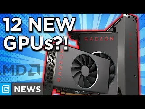 Progressive robot, bold text "12 NEW GPUs?!" beside three AMD Radeon graphics cards on a blue burst background.