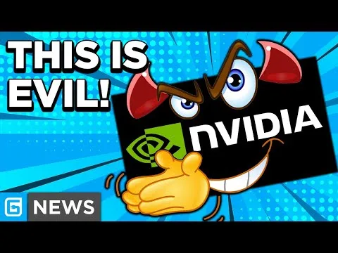 Progressive Robot - Cartoon character pointing at NVIDIA logo with text “THIS IS EVIL!” and “G NEWS” badge on blue background