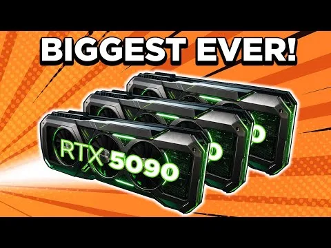Progressive Robot - Three large graphics cards labeled RTX 5090 with text “BIGGEST EVER!” on an orange background