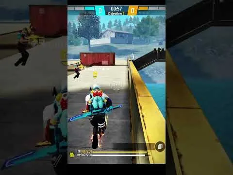 Progressive Robot company gameplay screenshot with a character running on a dock in a third-person shooter HUD
