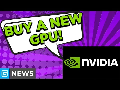 progressive robot, graphic with speech bubble saying Buy a new GPU! and NVIDIA logo on purple comic-style background