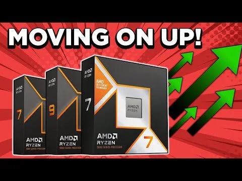 Progressive Robot company ad with AMD Ryzen processor boxes, “MOVING ON UP!” text, and green upward arrows on red background