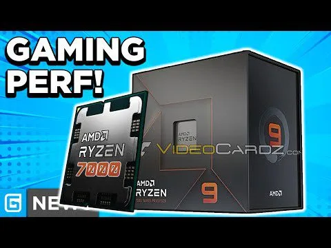 Progressive robot, AMD Ryzen 7000 processor chip next to a Ryzen 9 retail box with the text GAMING PERF!