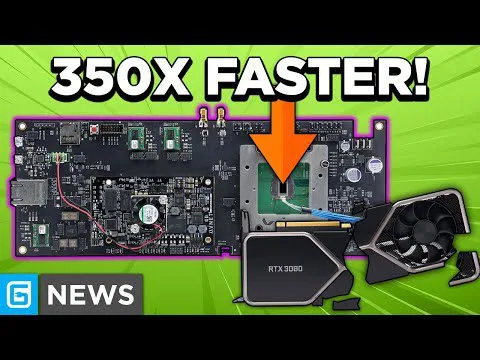 Progressive Robot - Tech graphic showing GPU and circuit board with “350X FASTER!” text and an arrow pointing to a chip.