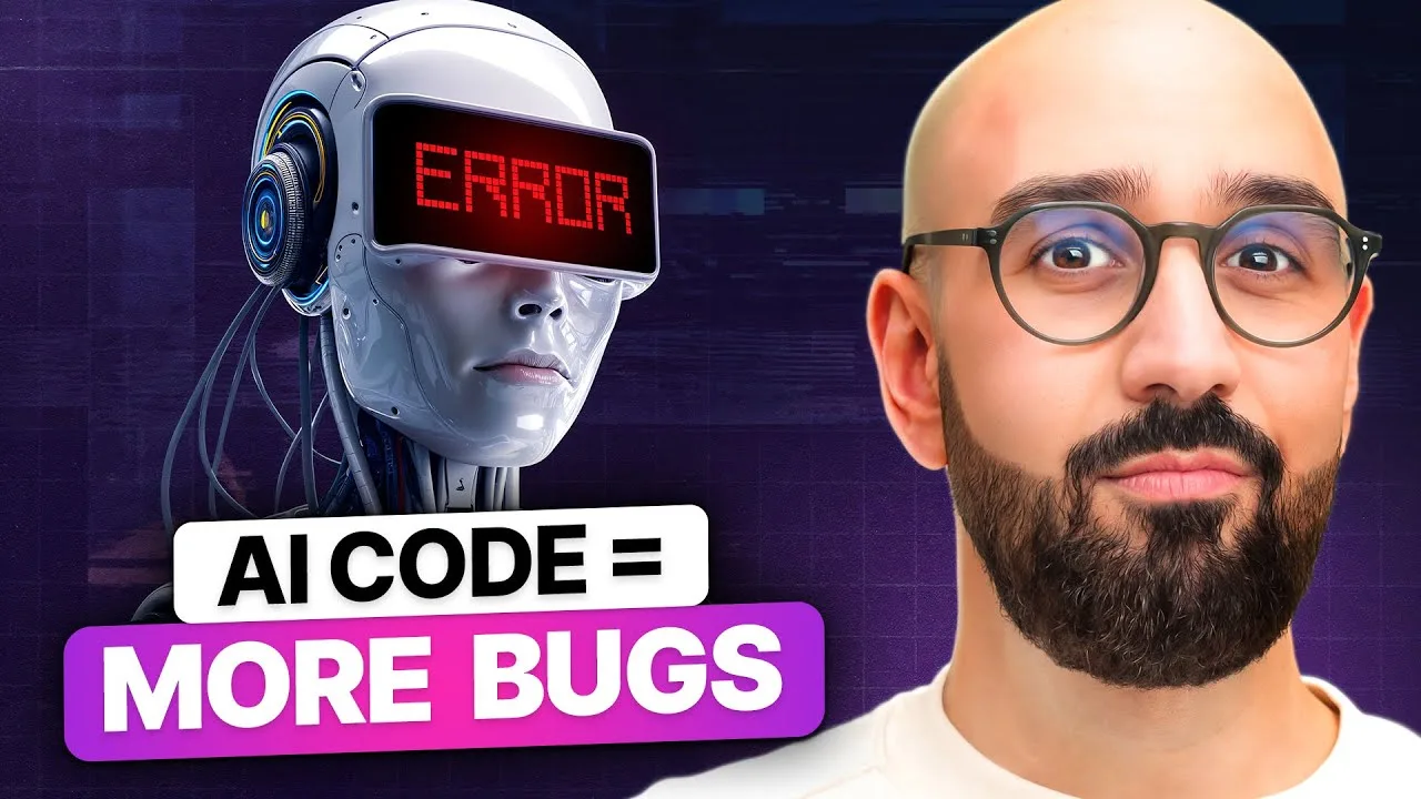 Progressive Robot - Robot with an ERROR visor beside a man with glasses; text reads AI CODE = MORE BUGS