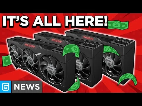 Progressive Robot - Three AMD Radeon graphics cards with floating dollar bills and the text “IT’S ALL HERE!” and “G NEWS”