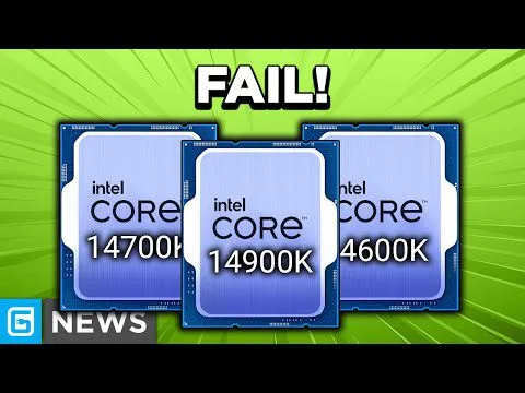 Progressive Robot company graphic showing FAIL! above three Intel Core chips labeled 14700, 14900K, and 4600K, with NEWS logo.