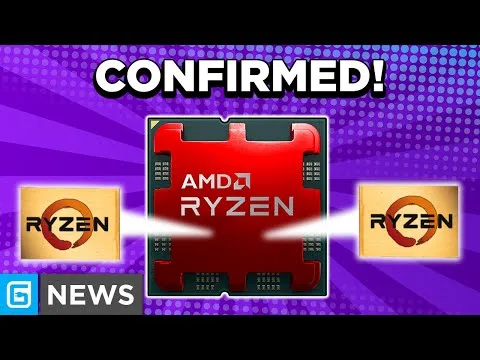 Progressive robot graphic in front of AMD Ryzen chip image with bold CONFIRMED! headline and Ryzen logos on a purple background