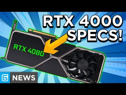 Progressive robot in front of RTX 4080 graphics card with bold text “RTX 4000 SPECS!” and “G NEWS” logo