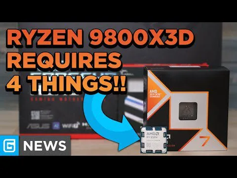 Progressive Robot - YouTube-style thumbnail reading "RYZEN 9800X3D REQUIRES 4 THINGS!!" with AMD Ryzen box and CPU chip.