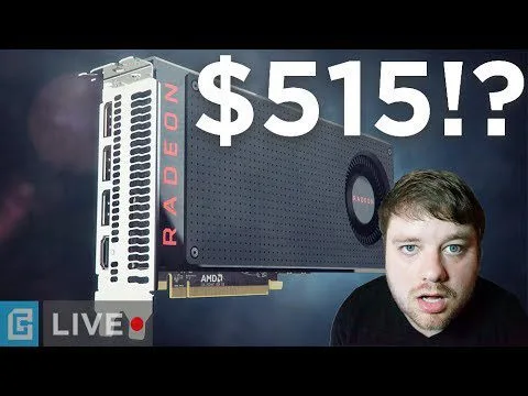 Progressive Robot - Radeon graphics card with “$515!?” text and a surprised man’s face, plus “LIVE” badge.