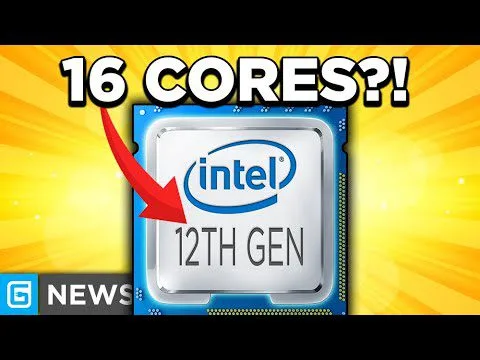 Progressive robot, thumbnail showing Intel 12th Gen CPU chip with “16 CORES?!” text and a red arrow pointing at it.