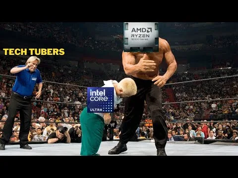 Progressive Robot company meme of a wrestling match with AMD Ryzen and Intel Core labels and the text TECH TUBERS in a crowded arena