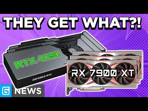 Progressive robot beside RTX 4090 and RX 7900 XT graphics cards under the headline “THEY GET WHAT?!” and “NEWS”