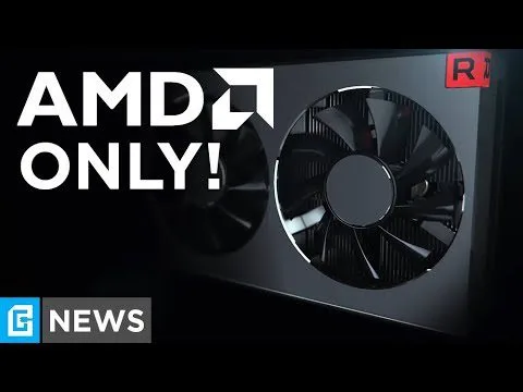 Progressive Robot: AMD graphics card close-up with large cooling fan and bold text “AMD ONLY!” and “G NEWS” logo