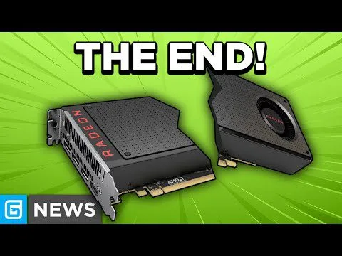Progressive robot, graphic reading "THE END!" above two AMD Radeon graphics cards on a green background with a G NEWS logo