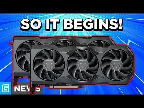 Progressive robot, thumbnail with two AMD Radeon graphics cards and bold text “SO IT BEGINS!” on a blue background