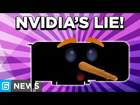 Progressive robot graphic with shocked face and Pinocchio nose under text NVIDIA'S LIE! on purple burst background.