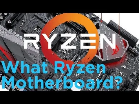 progressive robot, Ryzen logo over a motherboard background with text "What Ryzen Motherboard?"