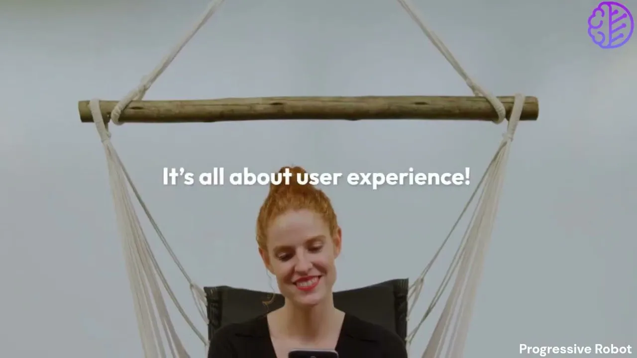 Progressive Robot - Woman smiling at a phone while sitting in a hanging chair, with text: It’s all about user experience!