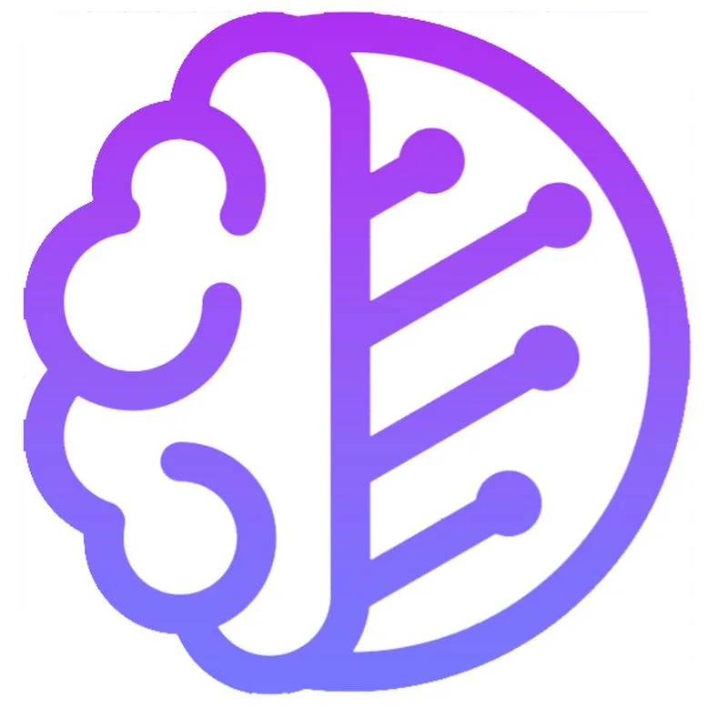 Purple gradient icon of a brain split in half, with circuit-like lines on the right side inside a circle