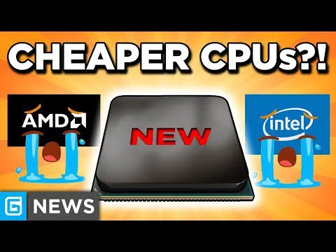 Progressive Robot - Thumbnail reading “CHEAPER CPUs?!” with AMD and Intel logos crying and a CPU labeled “NEW” in the center