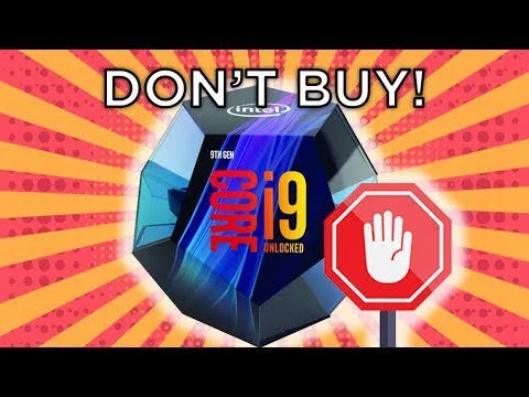 Progressive Robot Company warning graphic with “DON’T BUY!” above an Intel Core i9 box and a red stop-hand sign.