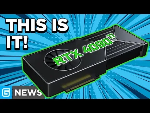 Progressive Robot - Graphics card labeled RTX 4090 Ti with large text THIS IS IT! and G NEWS logo on a blue burst background
